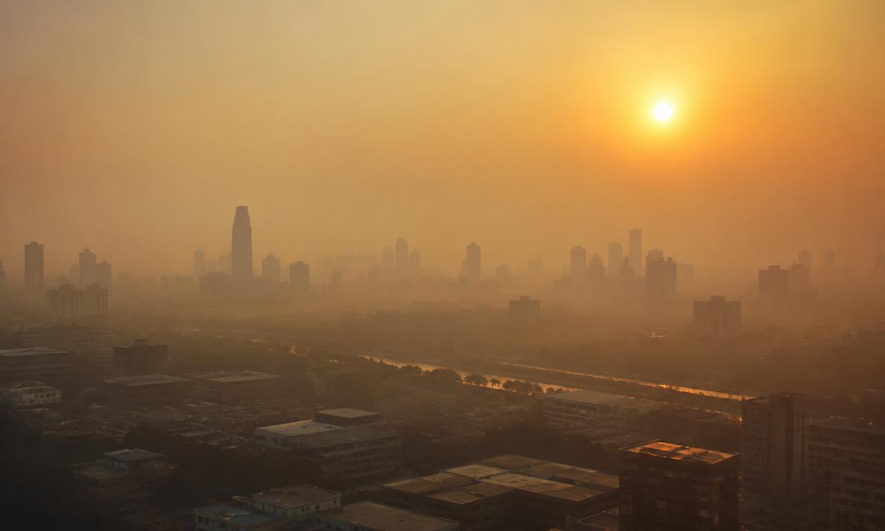 A hazy city skyline at sunrise with visible smog over the buildings