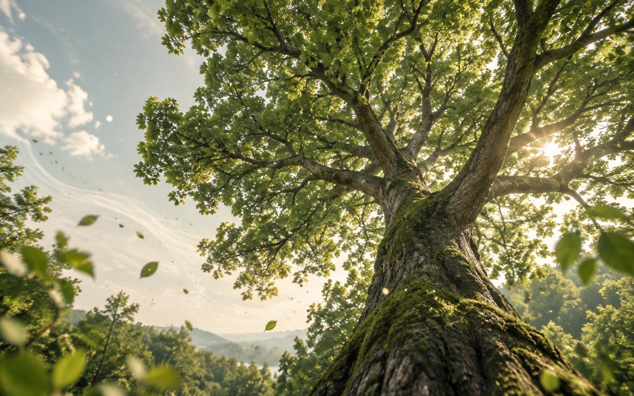 Sunlight filtering through a dense green tree canopy from below