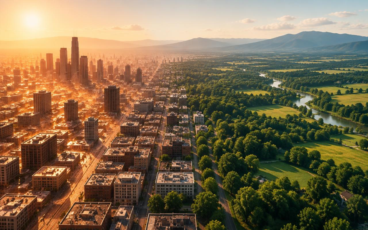 Aerial view of dense city buildings and roads with almost no visible greenery