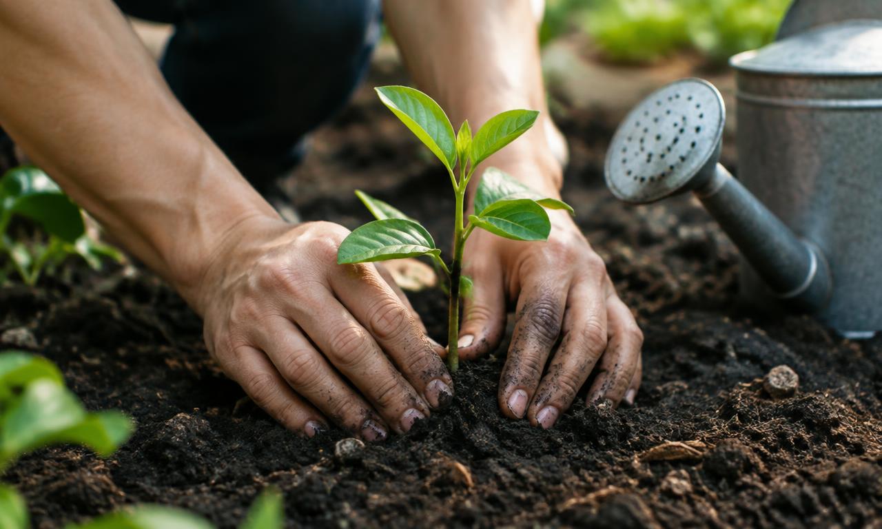 Two hands firming dark soil around a freshly planted young sapling beside a watering can