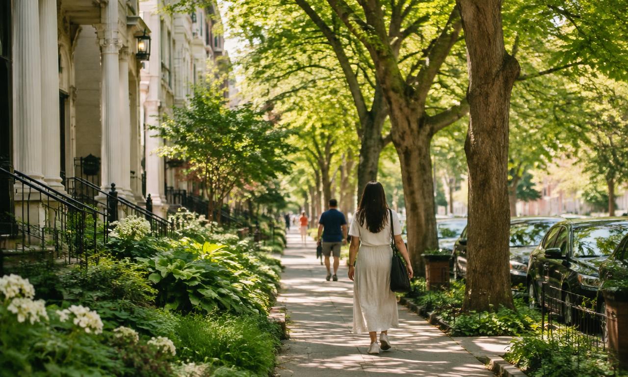 A city street shaded by mature trees with people walking on the footpath